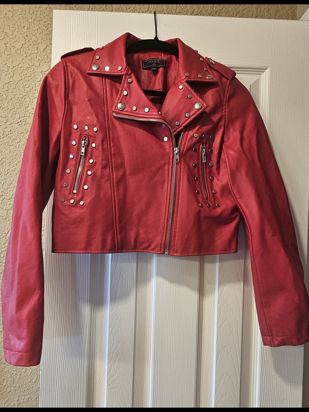 Chocolate Red Studded Cropped Leather Jacket